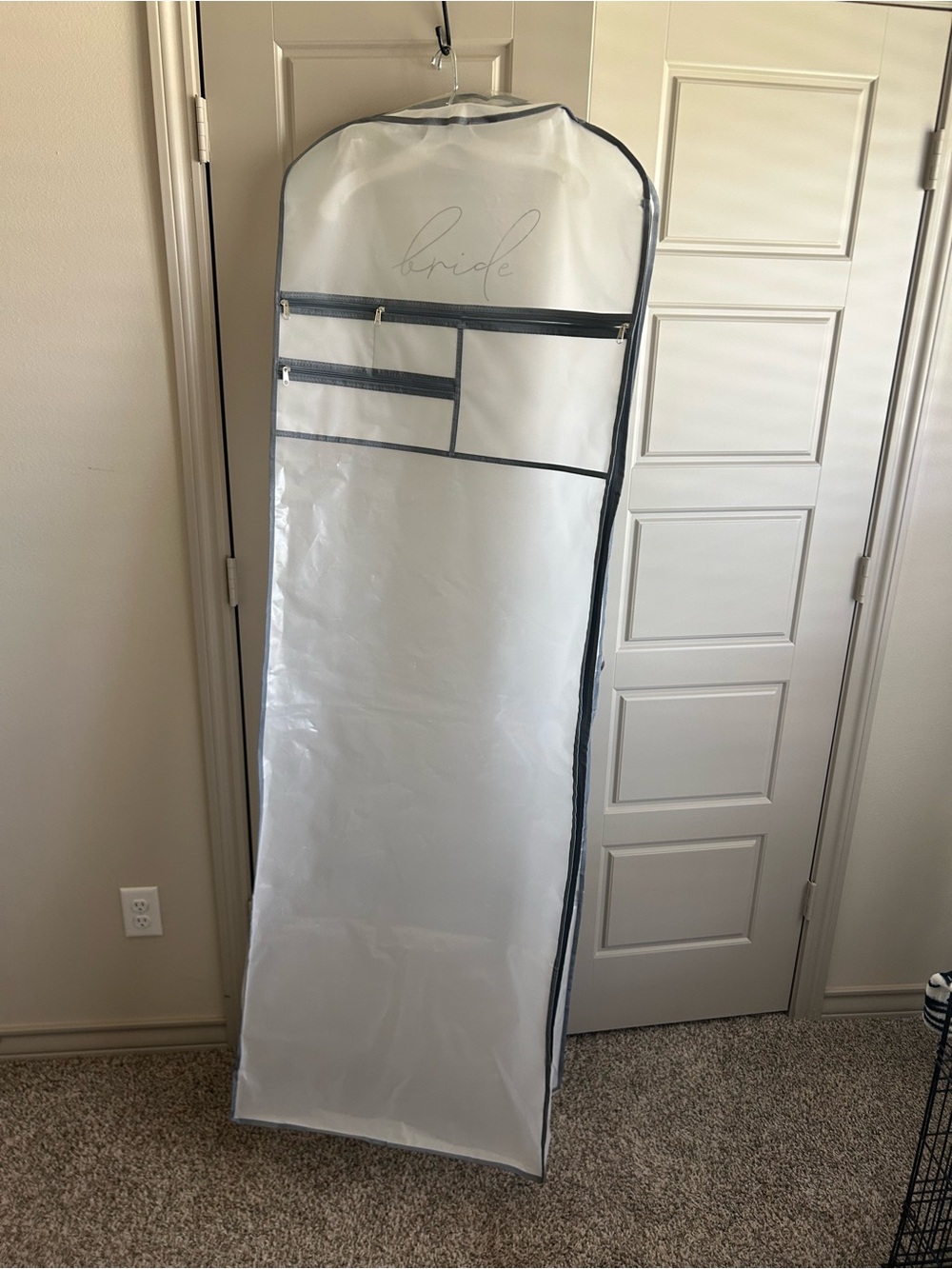 David's Bridal White Garment Bag with Gray Trim and 'Bride' Script
